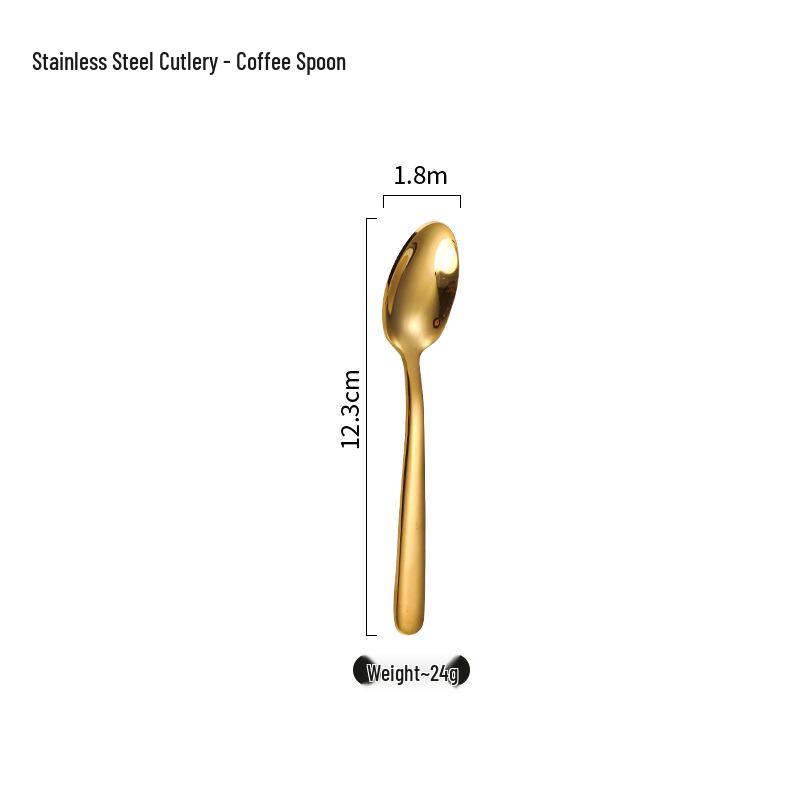Gold Stainless Steel Cutlery Set for French & Western Cuisine: Steak Knives, Forks & Spoons.