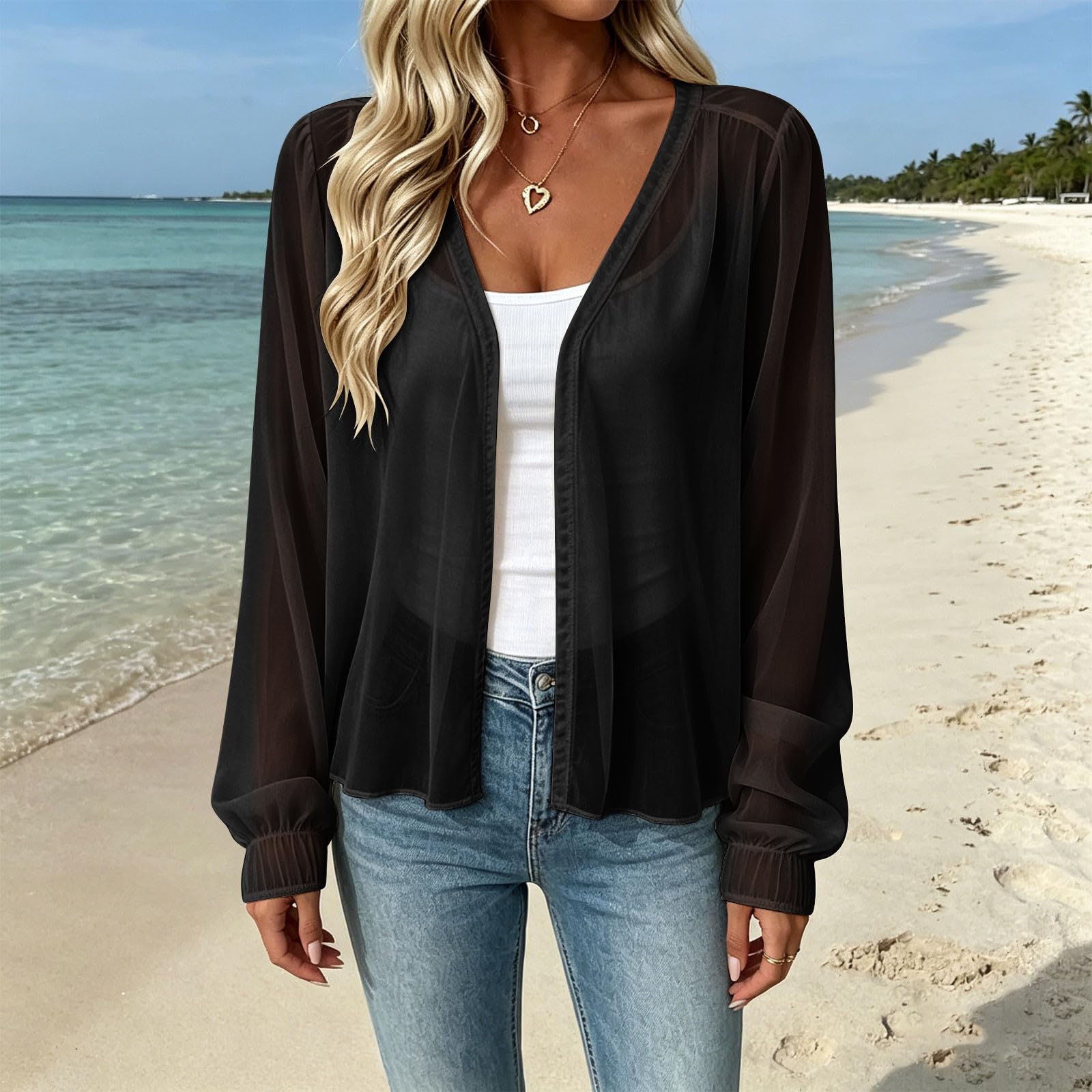 Women Casual Lantern Sleeve Chiffon Cardigan Open Front Lightweight Sheer Blouse Layering Top for Spring Summer S