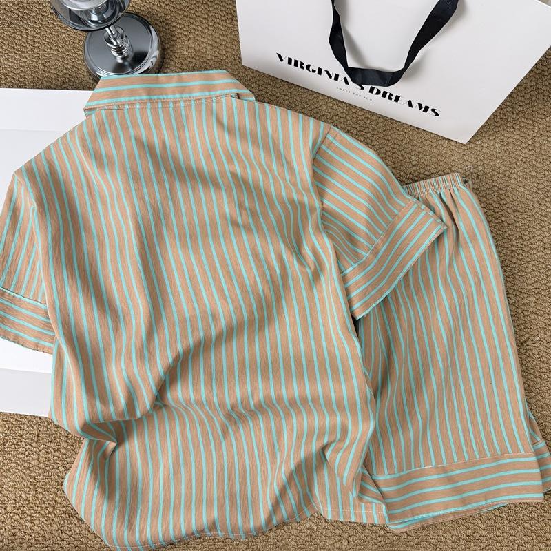 Korean simple contrasting striped pajamas women's new summer loose lazy short-sleeved shorts loungewear two-piece set