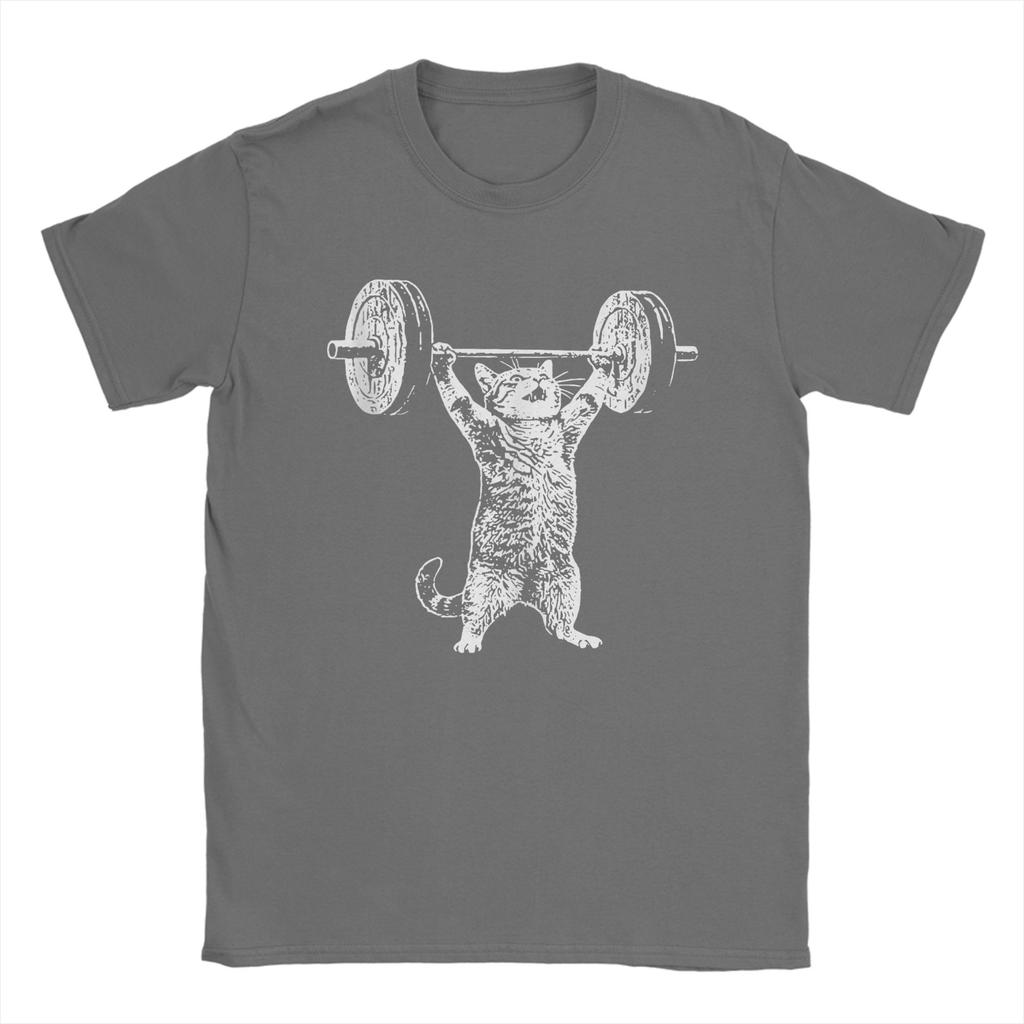Vintage Retro Weight Lifting Gym Cat T Shirts Men Cotton Vintage TShirts Round Collar Tee Shirt Short Sleeve Clothes Plus Size