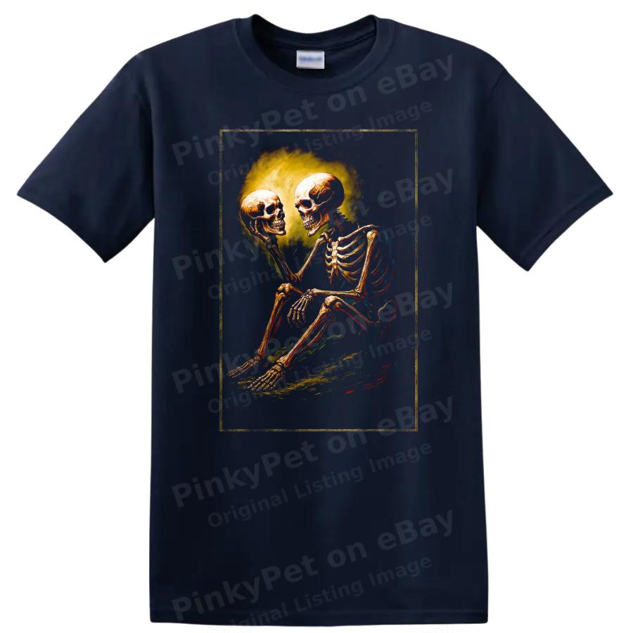Skeleton Holding Skull T Shirt Halloween Graphic Tee Art Design Fun