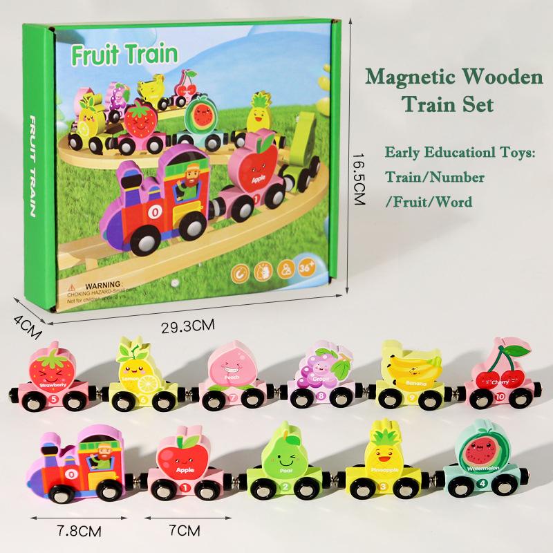 Montessori Magnetic Wooden Train Toys Early Educational Cognition Color Toy Learning Cars Animal Fruits Puzzle Train Set For Kid