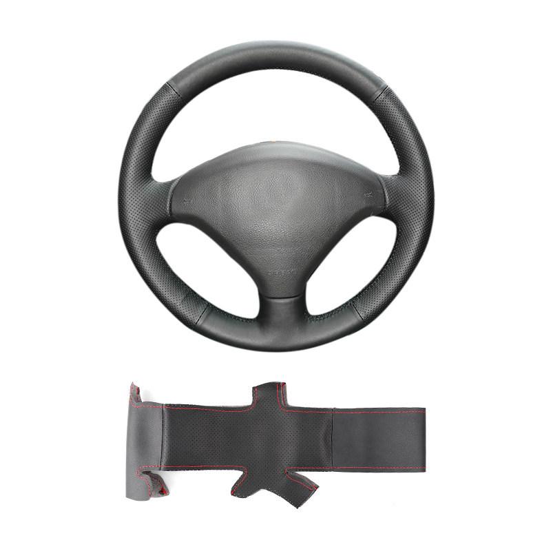 For Peugeot 307 2001-2008 307 SW 2005-2008 Car Accessories Black-red Perforated-Microfiber Leather Steering Wheel Cover Trim