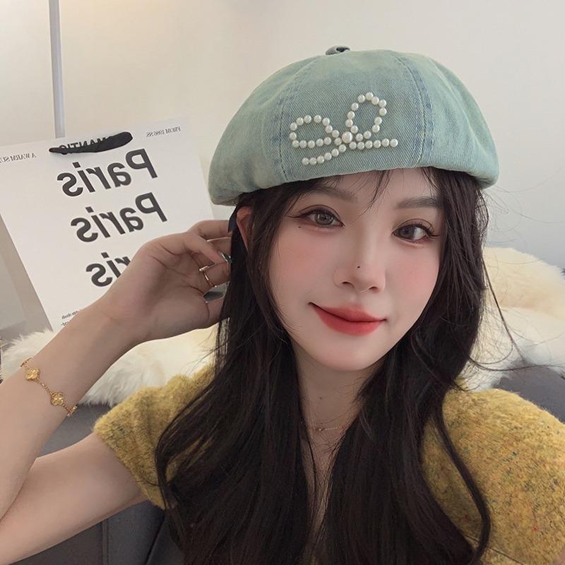

Washed denim beret sweet cool pearl bow bud hat female cute versatile face little painter hat Adult average size темно-синього кольору