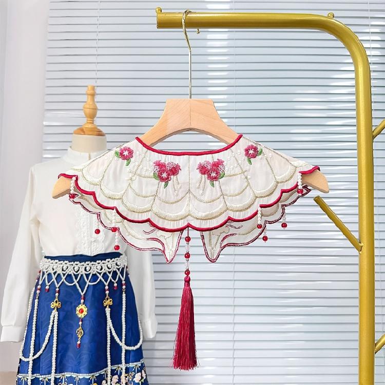 Chinesische Perlenquasten Falscher Kragen Vintage Stickerei Hase Blume Schal Schal