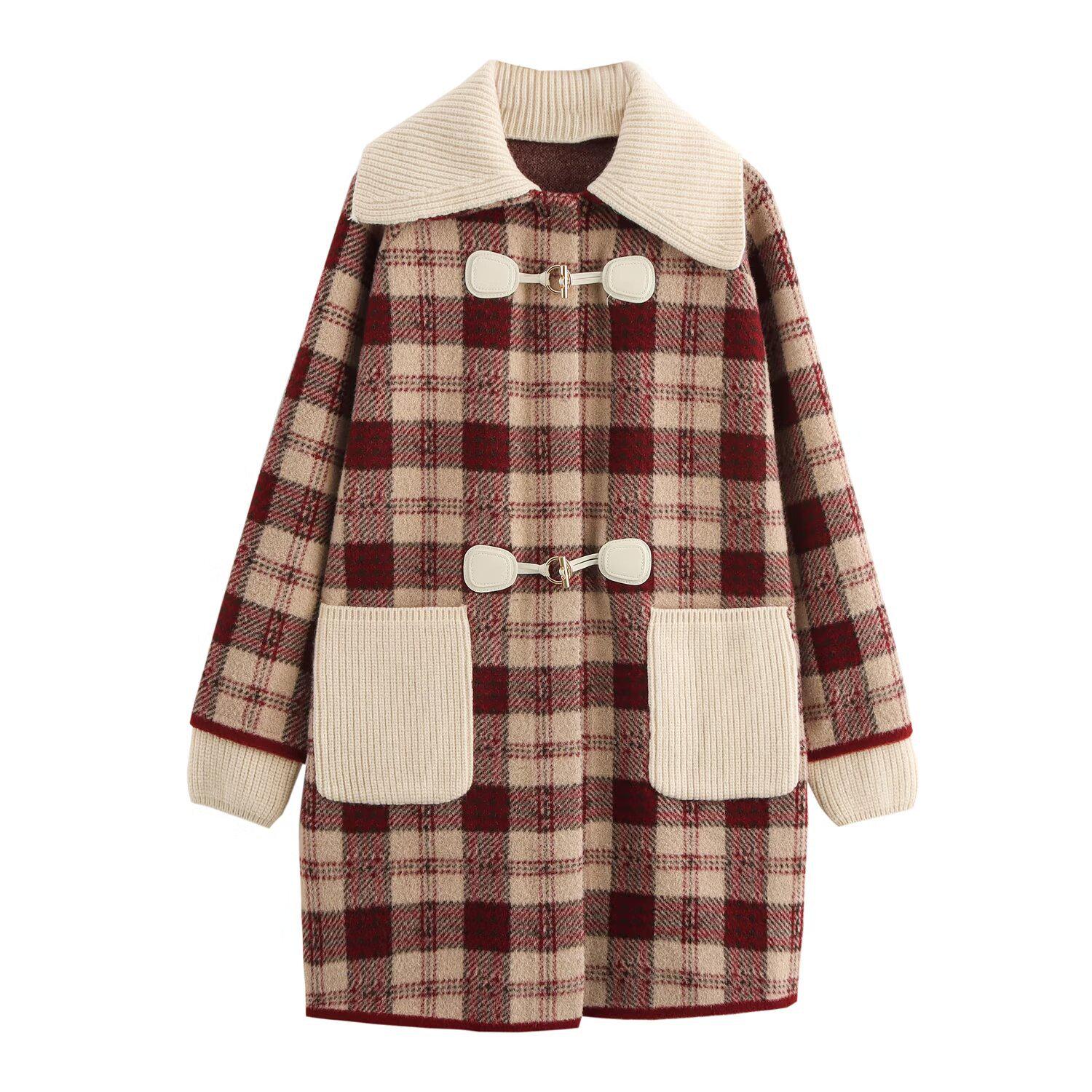 

Женский вязаный клетчатый кардиган на осень 2024 года со съемным двухслойным воротником One Size