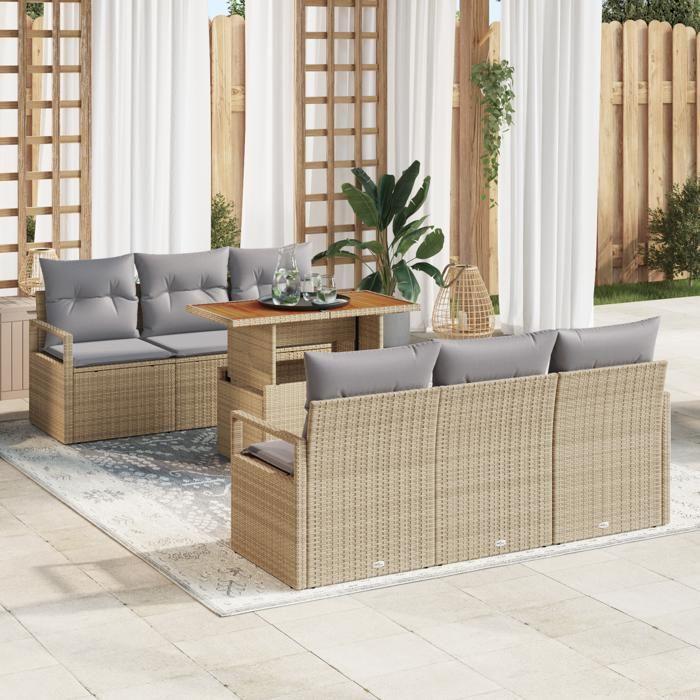 Ensemble de Canapé de Jardin 7 Pièces avec Coussins Beige en Rattan Synthétique Acacia, Canapé de Jardin 2 places 3349657