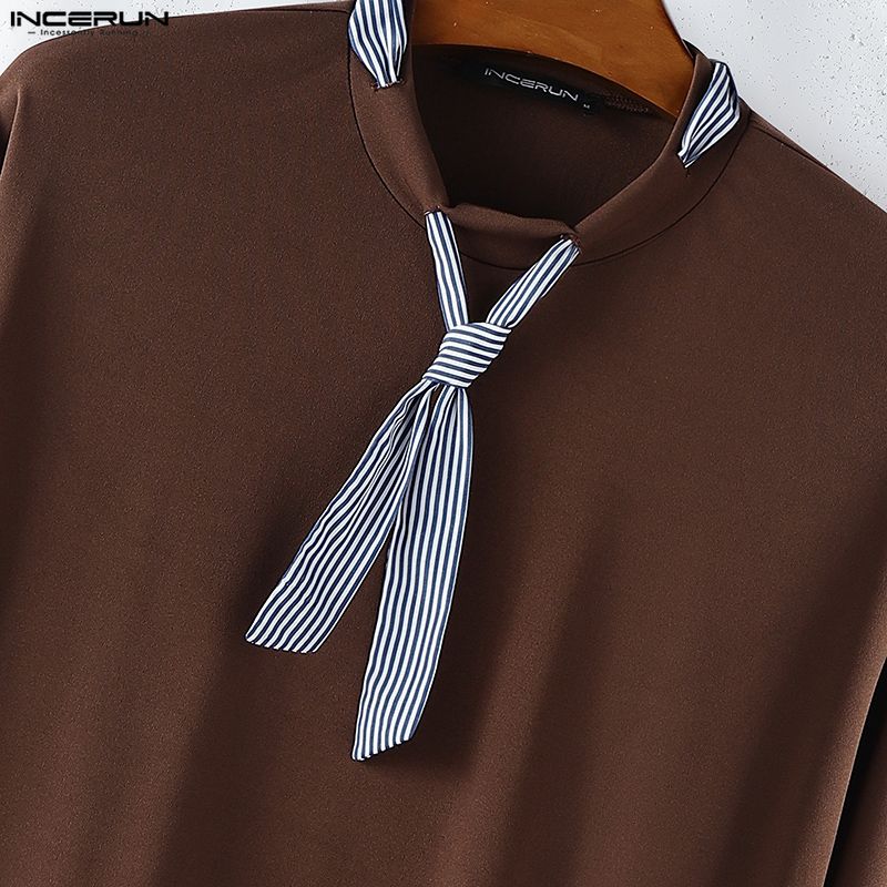 INCERUN Spring Men Striped Tie Long Sleeve Casual Loose Pullover T-shirts Tops