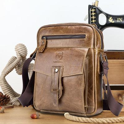 Mens Fashionable Genuine Leather Business Sling Bag Large Capacity Briefcase Front Pocket One Shoulder Bag