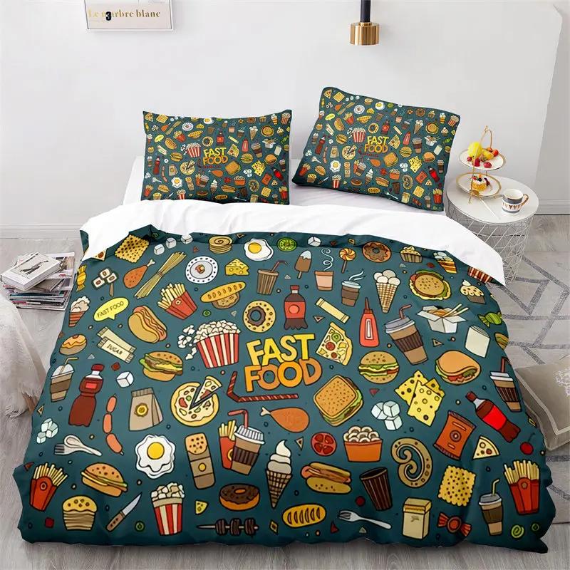 Creative Fast Food Duvet Cover Pizza Hamburger Print Comforter Cover Microfiber Bedding Collection King Queen For Kids Teen Room Decor