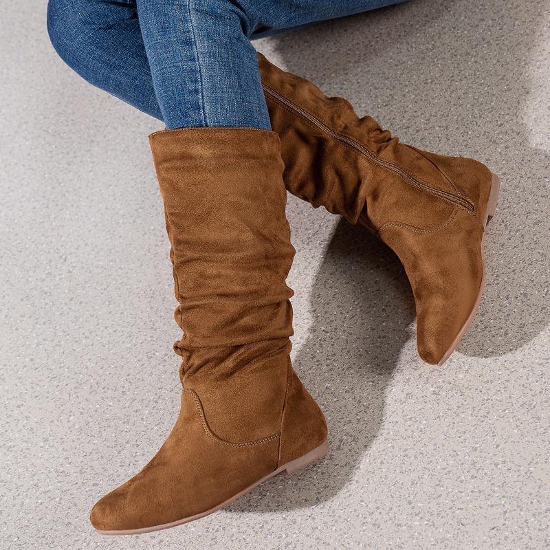 Fashion Faux Suede Mid-calf Boots for Women Plus Size Autumn and Winter Round Toe Side Zipper Pleated Flat Boots Botas Mujer