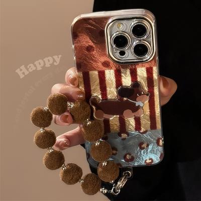For IPhone16 Mobile Phone Case for Apple 17promax Striped Retro Dachshund 13 Plush Lanyard 14 Autumn and Winter