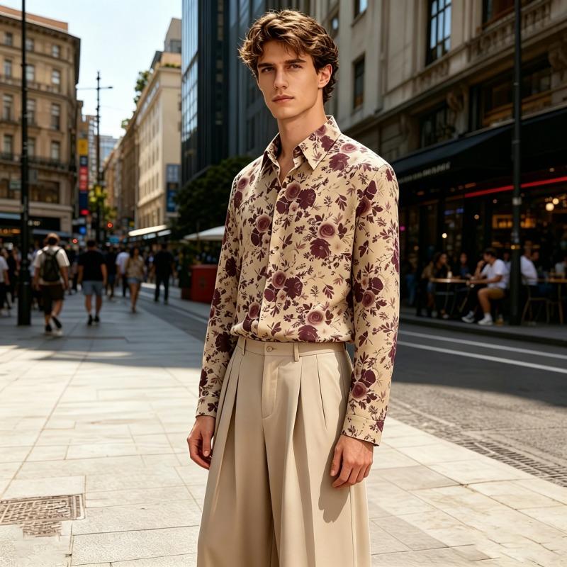 Men's collared loose-fitting long-sleeved shirt, floral print, flowy blouse, urban casual cardigan top.