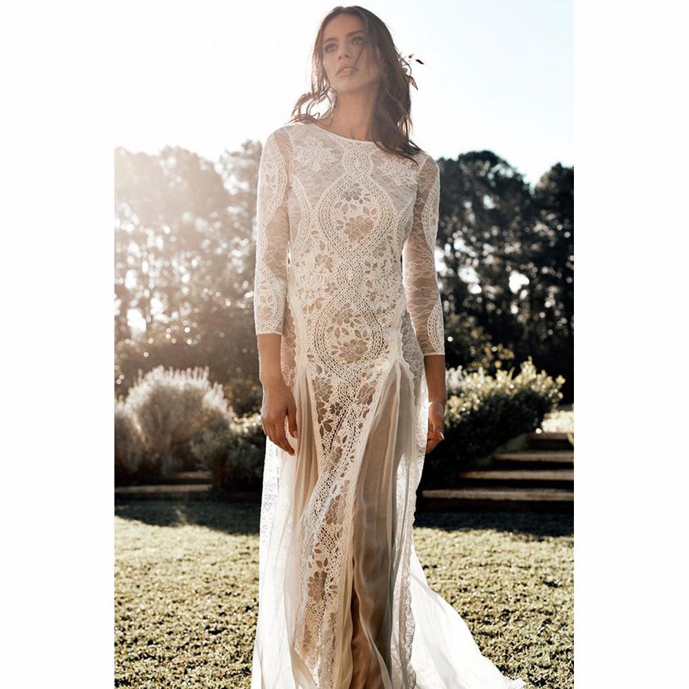 2025 Spring European & American Women's Celebrity Banquet Wedding Dress - Round Neck, Long Sleeve, Printed, Backless Lace
