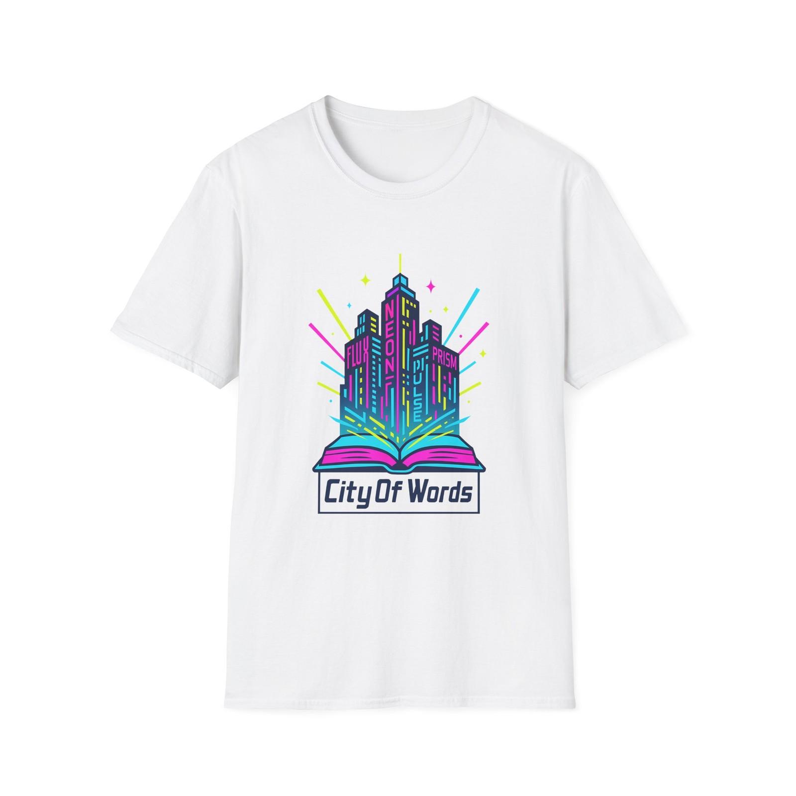 Unisex Softstyle T-Shirt Mens Womens Tees Top Cyberpunk Neon Holographic Cityscape Book Design M