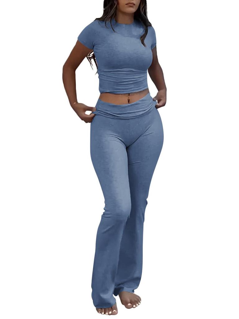 Women's Casual Workout Two-piece Set - Round Neck T-shirt & Low-waisted Flared Pants