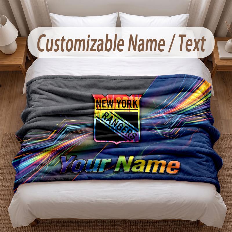 New York Rangers Printed Flannel Blanket Custom Name Text Soft Warm Throw For Bedroom Holiday Gift