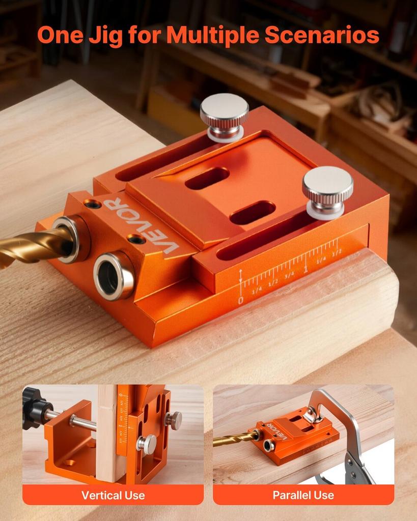 Pocket Hole Jig Kit, 12 Mm To 48 Mm Adjustable, Jig Pocket Hole System with Step Drill, Hex Wrench, Drill Stop Ring, Square Drive Bit, Plugs and