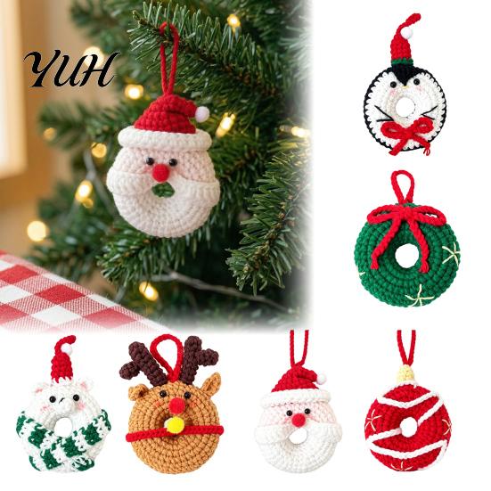 Christmas Tree Pendant Crochet Doughnut Keychain, Handmade Santa Claus/Reindeer/Penguin/Bear/Flower Wreath for Hand Knitted Keychain Bag Keys,