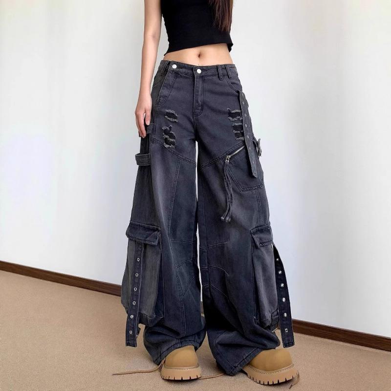 

Unisex Heavy Duty Ripped Wide-Leg Workwear Jeans with Pockets XXL чёрный
