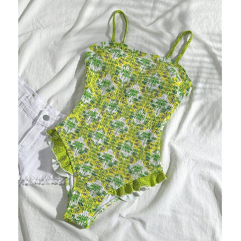 

Printed Frilled Wrinkled Women Swimwear One Piece Swimsuit Female High Cut Leg Bather Bathing Suit Swim S