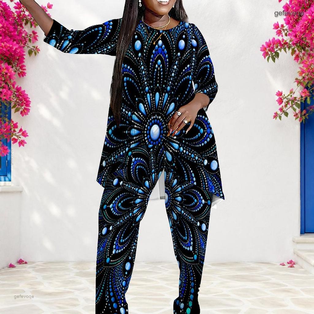 Women Plus Size Round Neck Long Sleeve Blue Black Printed Layered Top Long Pants Two Piece Set