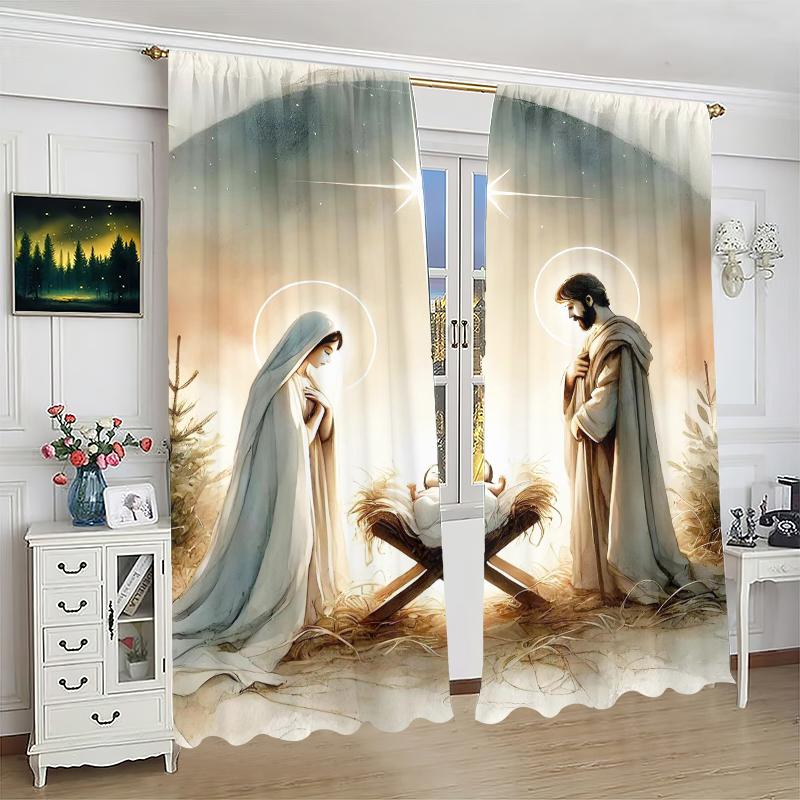 Jesus - Nativity -2pcs- Printed Curtains,100% Polyester Material, Suitable for Home Decoration