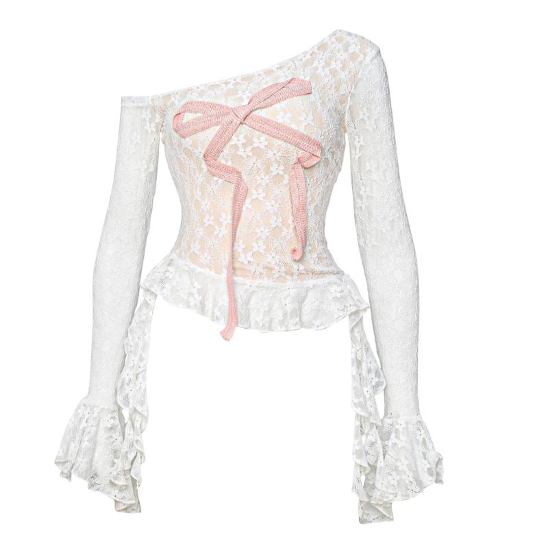 Hotsweet Lace Bow Women's T-shirt Long Sleeve 2000s Clothes Y2k Japan Style Kawaii Off Shoulder Tees Female Clothing