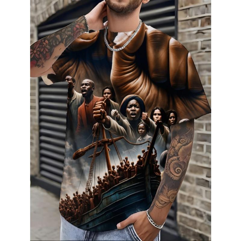 Men's Plus Size 3D Lion Pattern T-Shirt - Bold Black & Golden Animal Printed Short Sleeve Crew Neck Shirt,