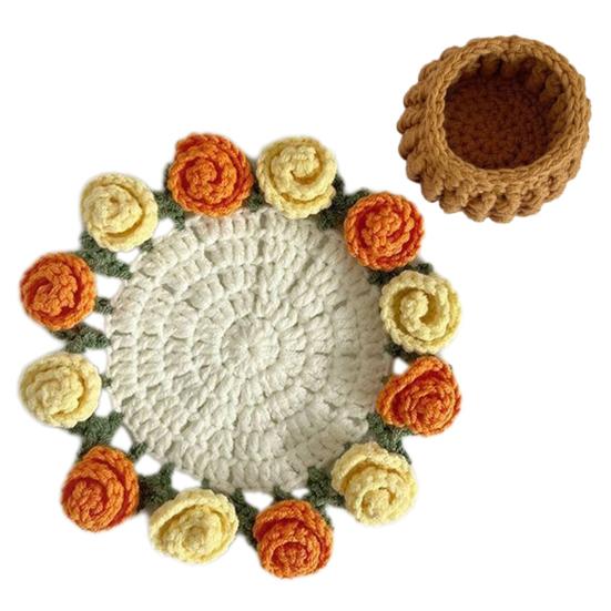 Handmade Crochet Flower Coasters Vintage Rose Flower Bouquet Coaster Unique Coffee Table Decor Accessories