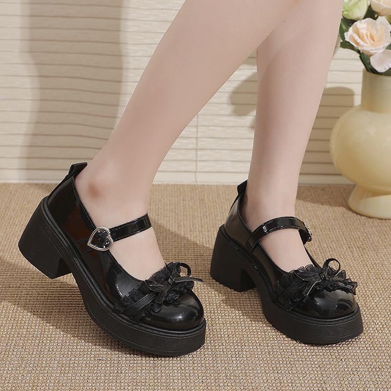 Bow Thick Mary Jane Single Shoes Women's 2025 Summer New Height Increase French Versatile High Heel Small Leather Shoes Women