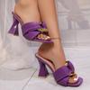 Summer Women Chunky Heel Sandals Square Toe Open Toe Slides Fashion Metal Buckle Strappy Dressy Slippers