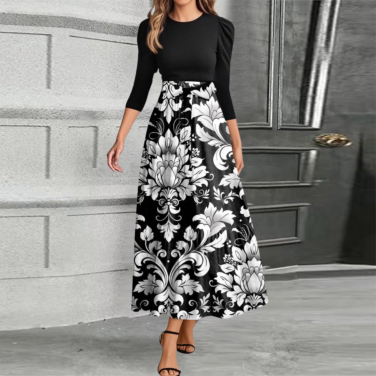 

Женское модное повседневное платье с поясом и круглым вырезом, цветочной вышивкой, элегантное, темпераментное, с рукавами три четверти XXL тёмно-синий