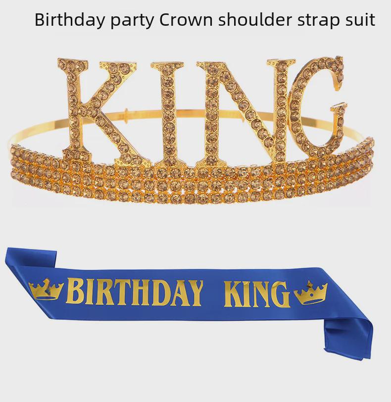 Men's Birthday King Crown and Sash Set - Party Hat Headdress for Cake Celebration