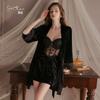 Women's Plus Size Velvet Push Up Padded Cami Sleep Dress with Robe Lounge Set