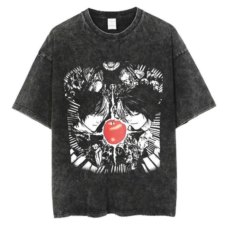 Harajuku Retro Washed T-shirt Anime Graphic Printed T-shirt Oversized Fashionable Streetwear Unisex T-shirt