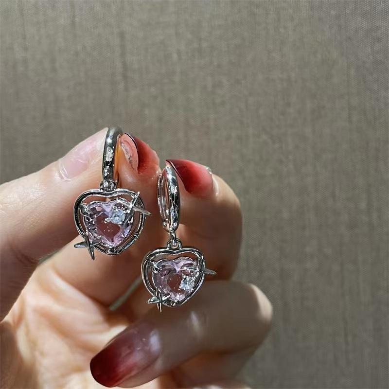 Korea Pink Crystal Peach Love Heart Dangle Earrings Sweet Cool Y2k Accessories Hoop Earring for Women Girls Fashion Jewelry