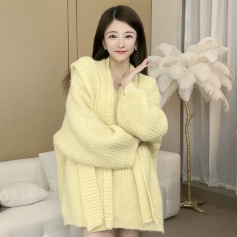 

Женский свитер-шаль с капюшоном, новый осенний, ленивый ветер, свободный, средней длины, закрывающий ягодицы, вязаный пуловер XXXL жёлтый