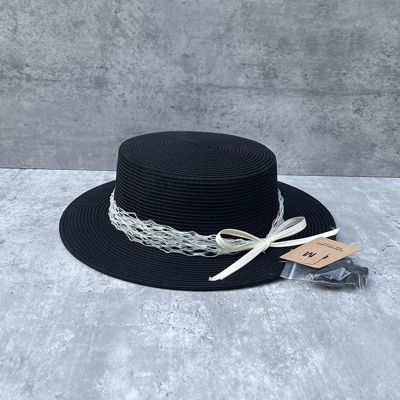 

2025 New French Celebrity Style Straw Hat Women S Elegant Mesh Bow Top Hat British Retro Travel Beach Hat M（56-58cm） чорний