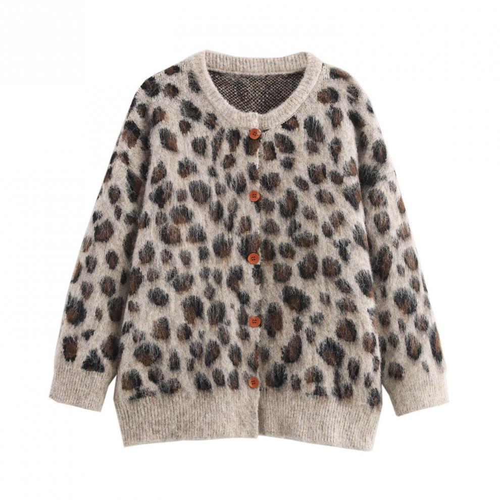 

Leopard Print Round Neck Ribbed Knit Cardigan - European & American Style Small