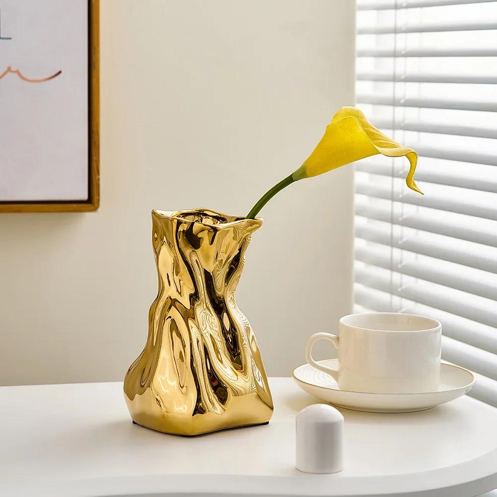 Light Luxury Irregular Ceramic Flower Vase Living Room Decor Office Bookshelf Ornaments Flower Arrangement Vases Indoor Artwork