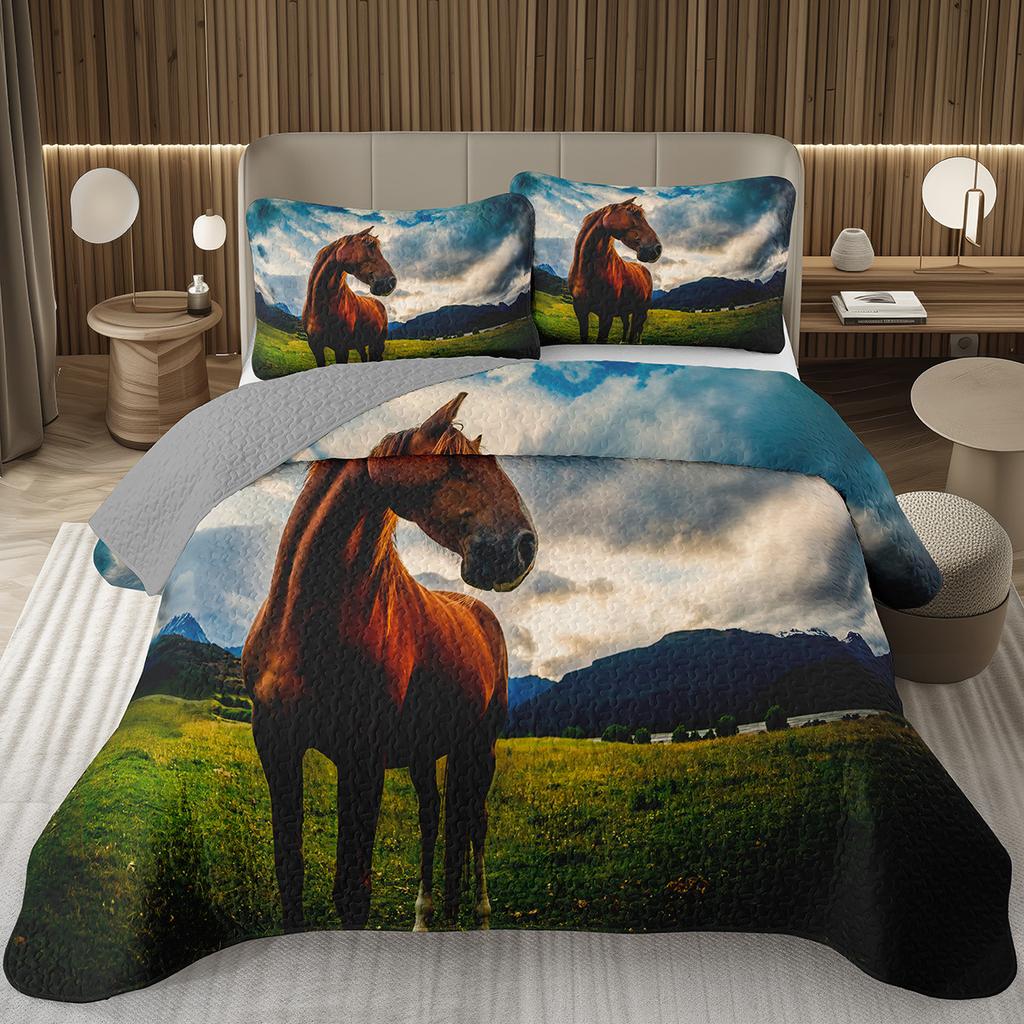 Wild Horse Bedspread Queen/Full Galloping Horse Pattern Quilted Bedding Set Farm Animal Coverlet Set Reversible Rustic Bed Cover
