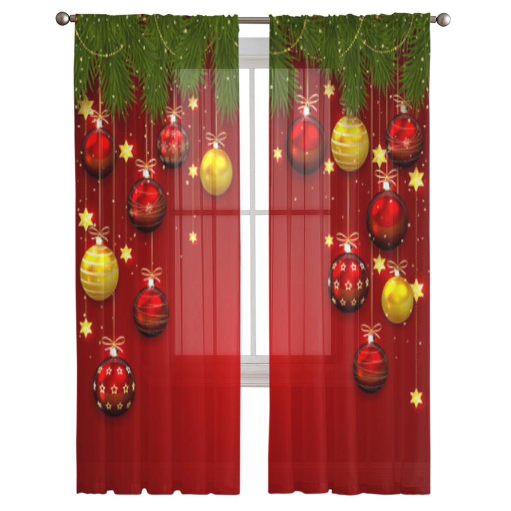 Christmas Balls And Fir Tree Branches Tulle Curtains For Living Room Bedroom Chiffon Sheer Voile Kitchen Curtain