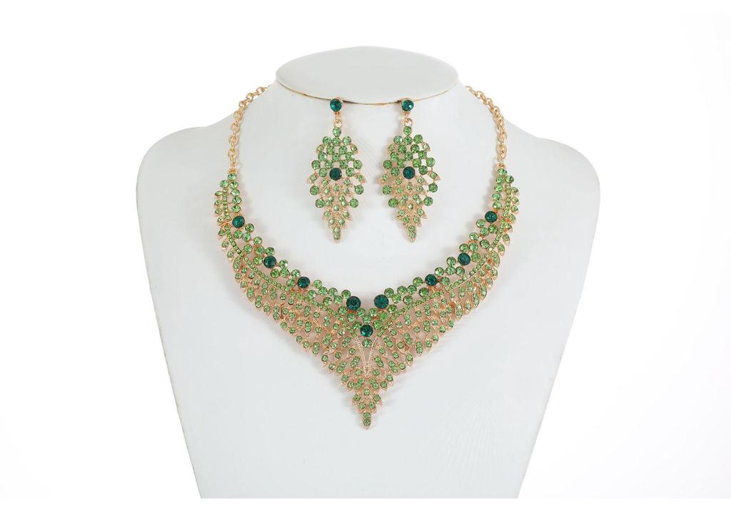 Alloy Clavicle Chain Crystal Gem Necklace & Earring Set - European & American Retro Evening Party Accessories