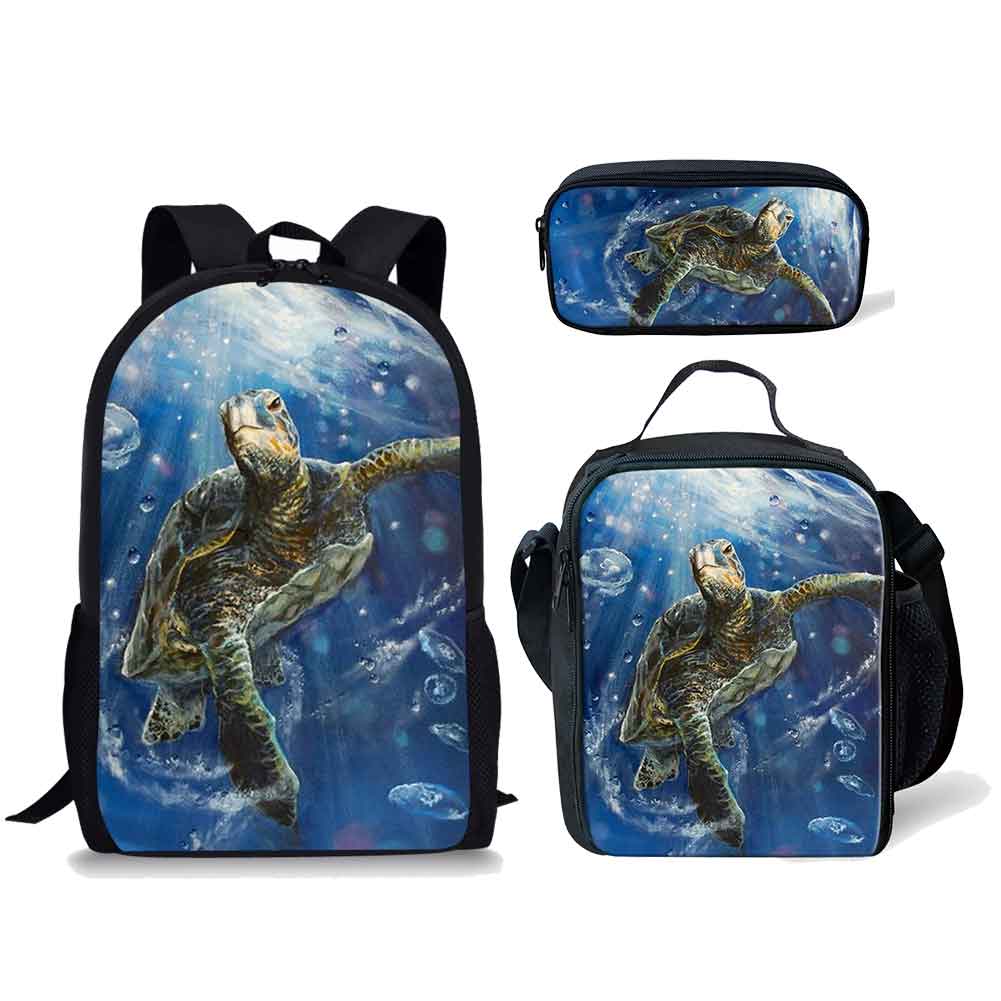 Klassiek Populair Grappig Schildpadpatroon 3D Geprint 3 stuks/Set leerling Schooltassen Laptop Dagrugzak Rugzak Lunchtas Etui