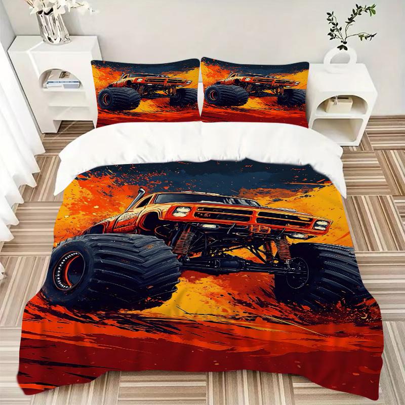 3pcs Monster Truck Home Decor Bedding Set-Universal Three-Piece Suit for Bedroom, Guest Room, Living Room, Hotel-Perfect Gift for Fans, Trav