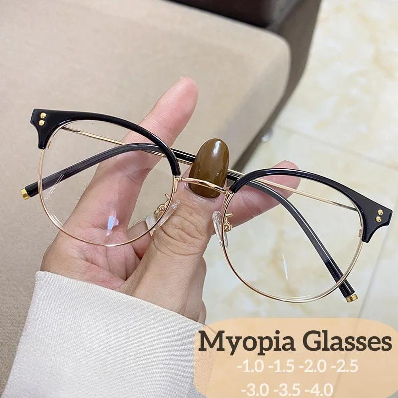 Vintage Myopia Spectacles Unisex Female Clear Lens Eyeglasses Anti-blue Light Half-frame Nearsighted Eye Spectacles Diopter 0 To -4.0