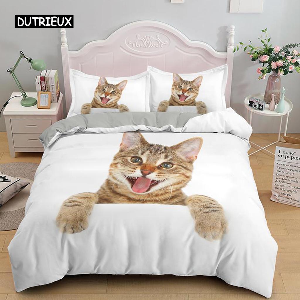 Katzen Bettwäscheset King Size Niedliche Haustierkatzen Gedrucktes Bettwäscheset für Kinder Jungen Mädchen 3D Tier-Thema Mikrofaser Bettdeckenbezug