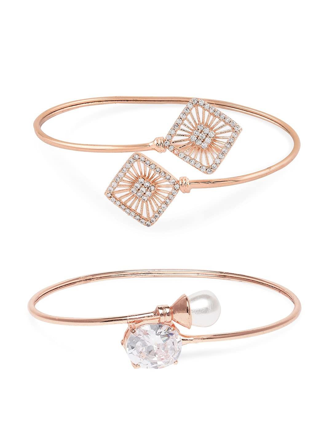 

Set of 2 Rose Gold Contemporary Cubic Zirconia Brass Kada Style Bracelet For Women Onesize