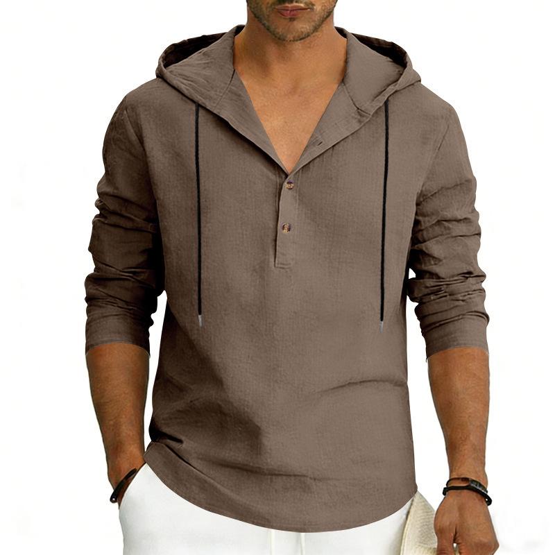 New Men’s Linen Plus-size Hooded Long-sleeved Top – Casual Plain-colour Hoodie